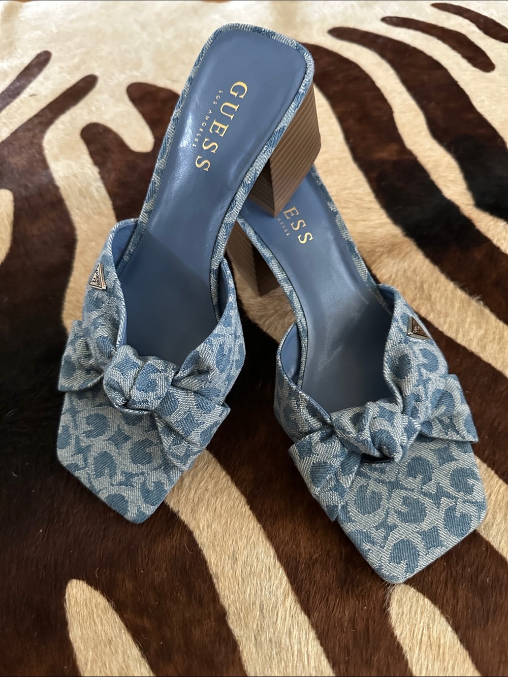 GUESS Light Blue Denim Knot Block Heel Mules